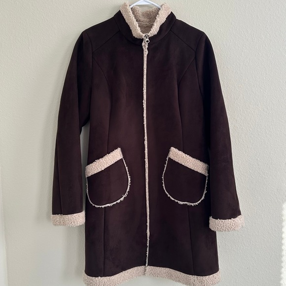 Old Navy Y2K Brown Faux Suede Sherpa Trim Coat Jacket Women's Medium Outerwear - Picture 1 of 16
